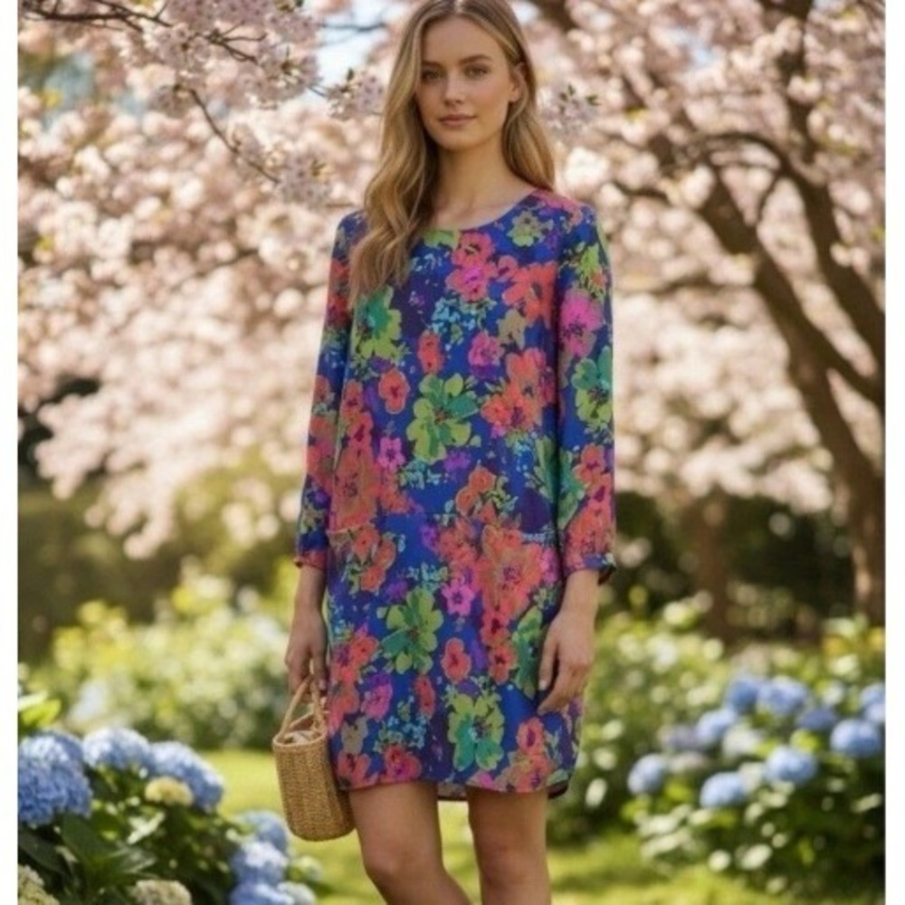 J. Crew 100% Silk Shift Midi Dress Women XS Blue Red Pocket Spring Garden Party